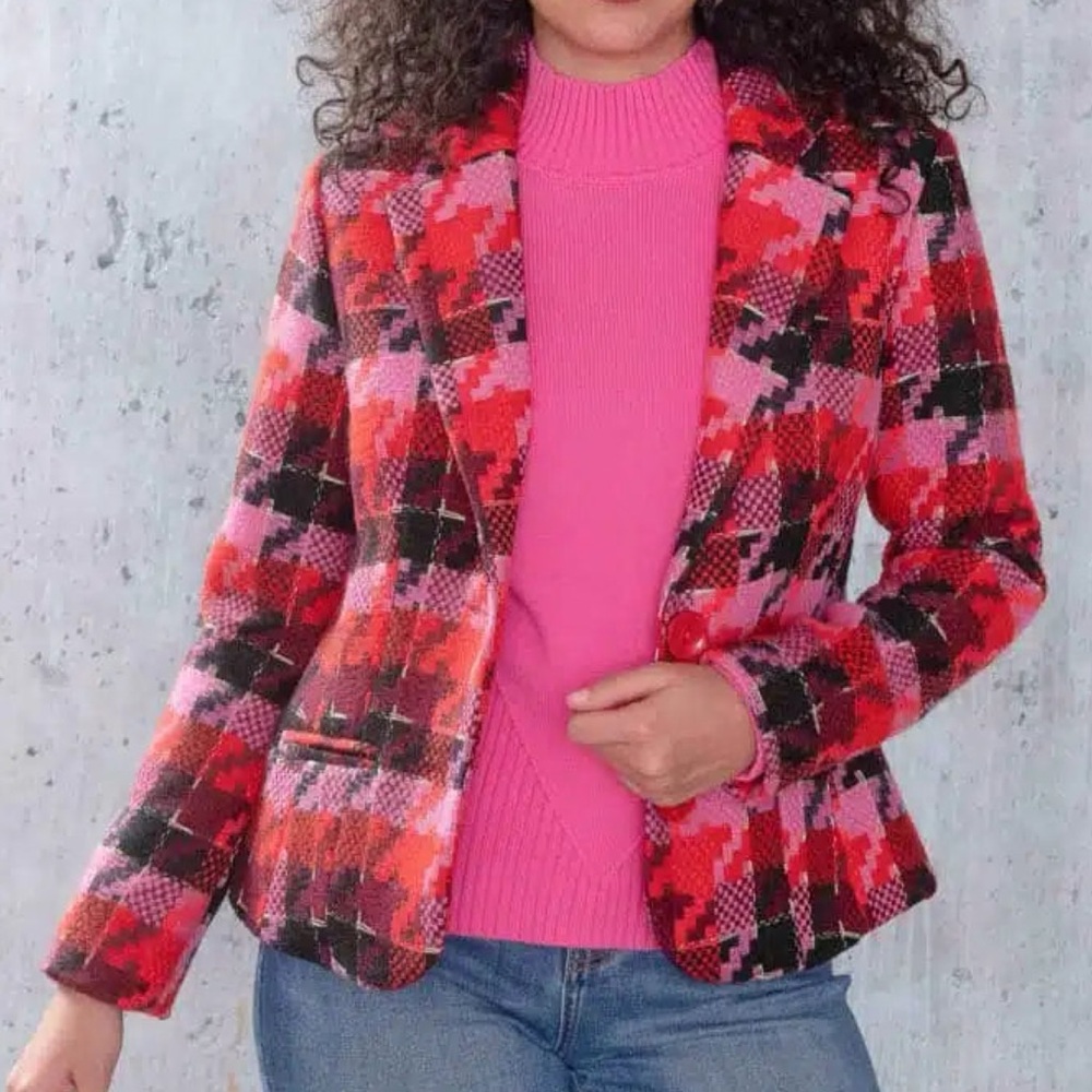 NWT Alison Sheri Preppy In Pink Blazer Houndstooth Tweed XS Red